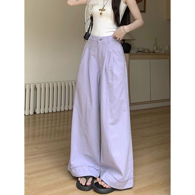 Kumikumi Idle Style Purple Casual Pants Loose Pants Women Fall High Waist Baggy Straight Trousers Mop Pants Pants
