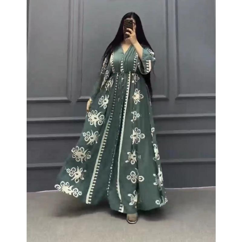 Rochie de toamnă, cu decolteu în V, cu mânecă lungă, imprimeu de poziționare, lungă, largi