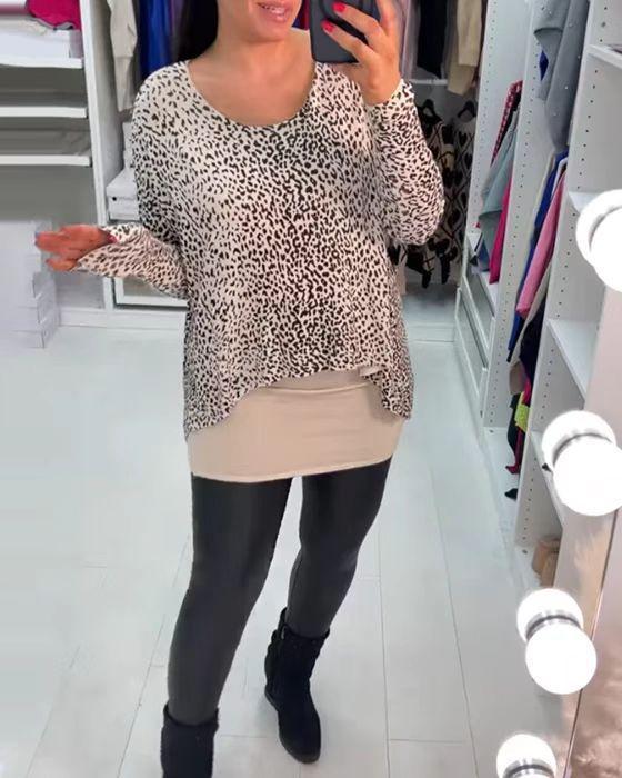 European and American Leopard Print Crew Neck Long Sleeve Two-Piece Look Women's Top - Summer 2025 Collection.