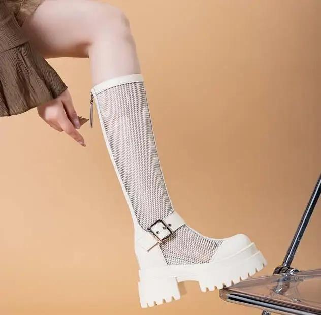 Fashion 10CM Air Mesh Patent Leather Boots Chimney Summer Motorcycle Sandals Hollow Ankle Knee High Booties Women Fashion Casual Shoes