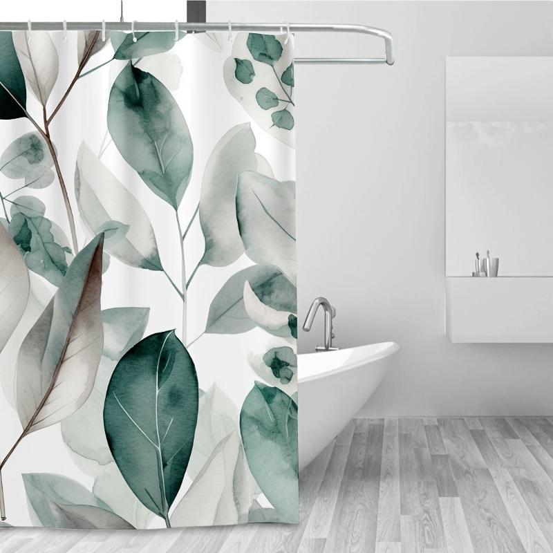 Watercolor Eucalyptus Leaves Shower Curtain - Soft Green & Teal,  Easy Clean with Hooks