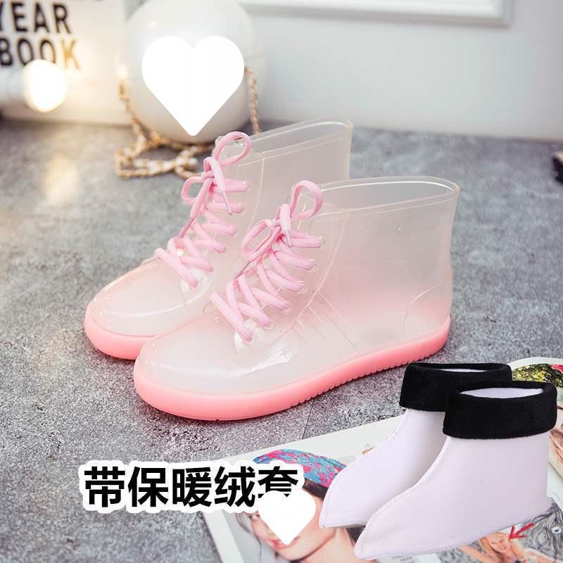 Jelly Transparent Non-slip Fashion Waterproof Shoes Rain Shoes Rain Boots Rubber Shoes Overshoes Velvet Cotton Water Boots Women's Short Tube Adult