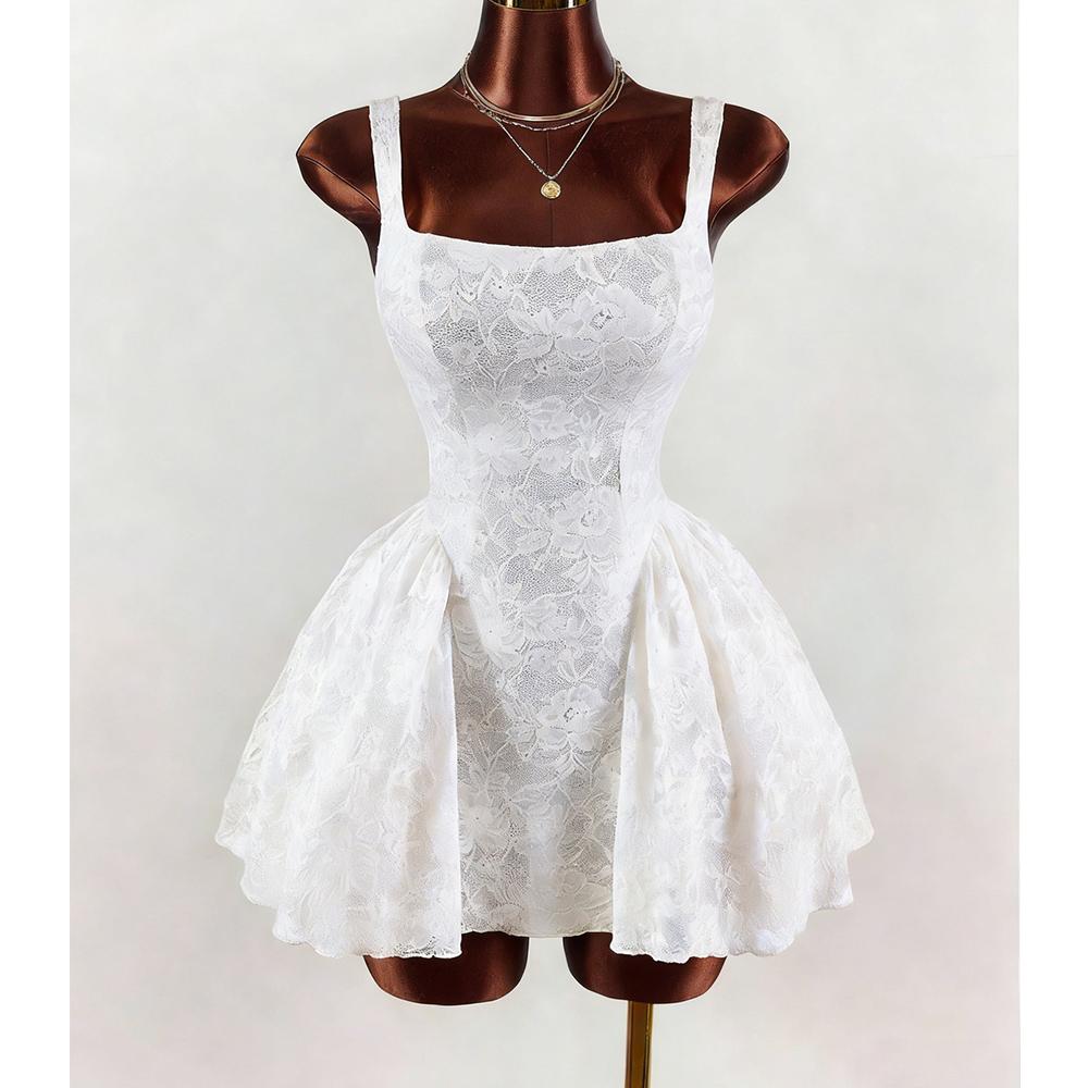 New style women's white lace dress with square neckline, wide band, fitted waist, and full-puff short skirt