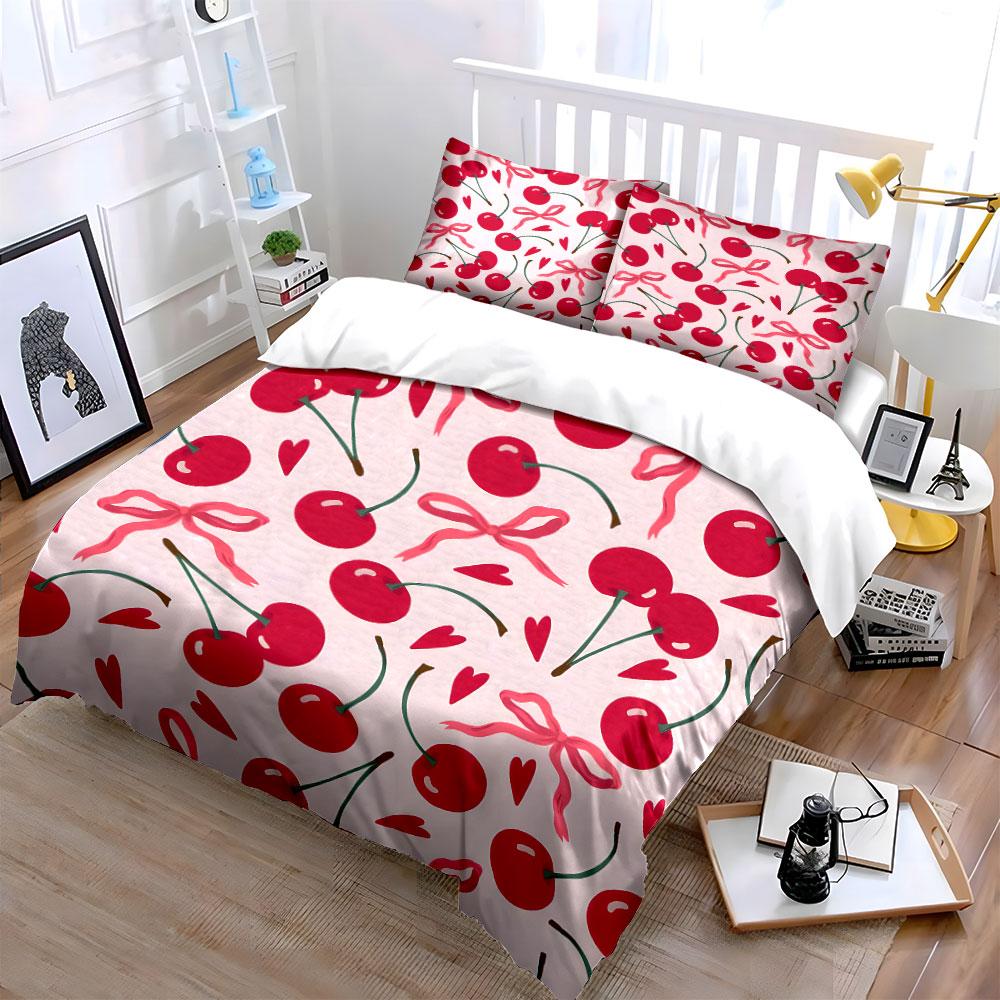 Cherry Pattern with Pink Bows Bedding Duvet Cover Set  (1*Duvet Cover 2*Pillowcases, without duvet insert)