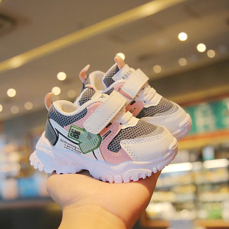 

Детская спортивная обувь Новая весенне-осенняя Мягкая подошва Повседневная Нескользящая Сетчатая Дышащая Обувь Полоска Липучка Детская Мода 21 серый