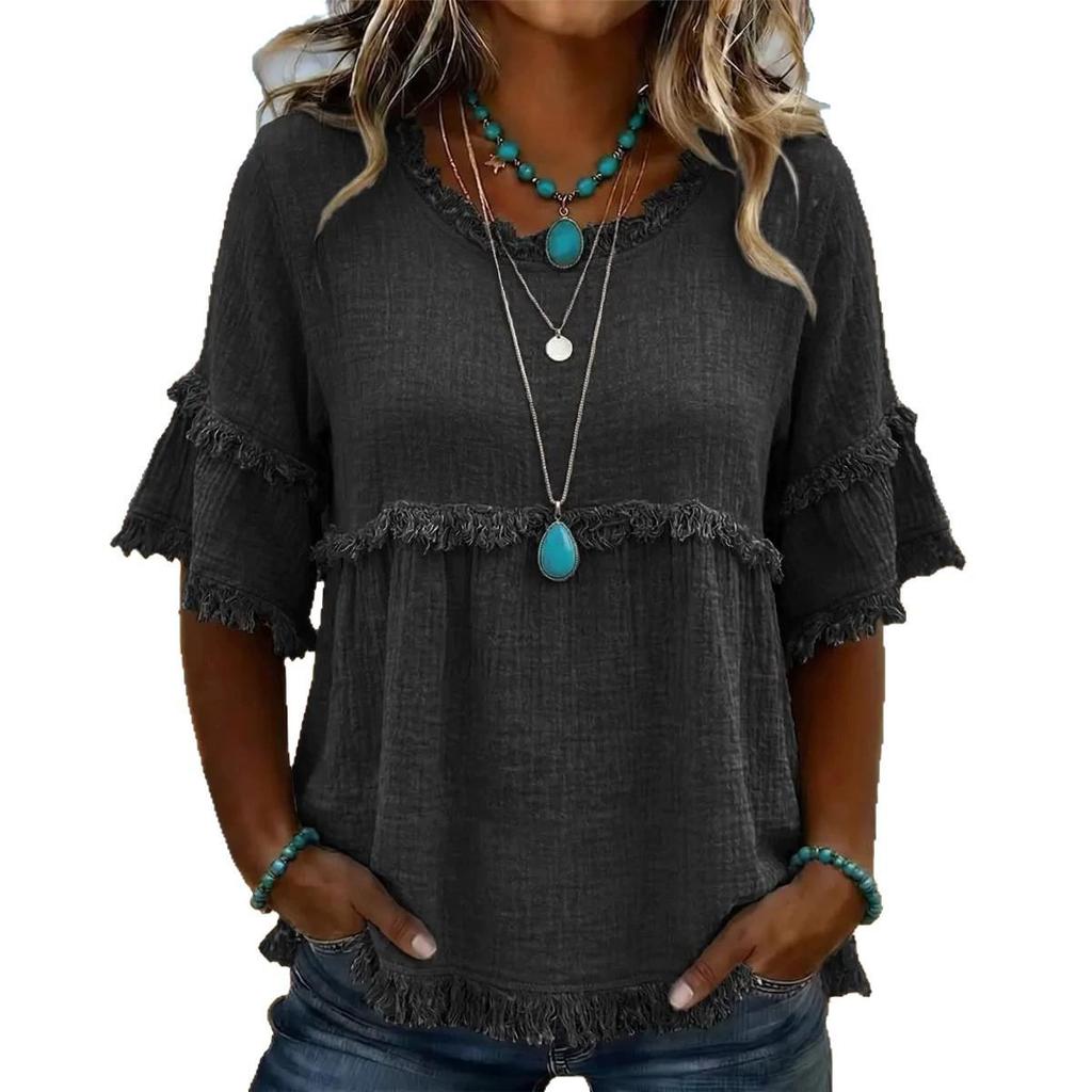 2026 European & American Loose Fit Women's Casual Short Sleeve Round Neck Pullover Top