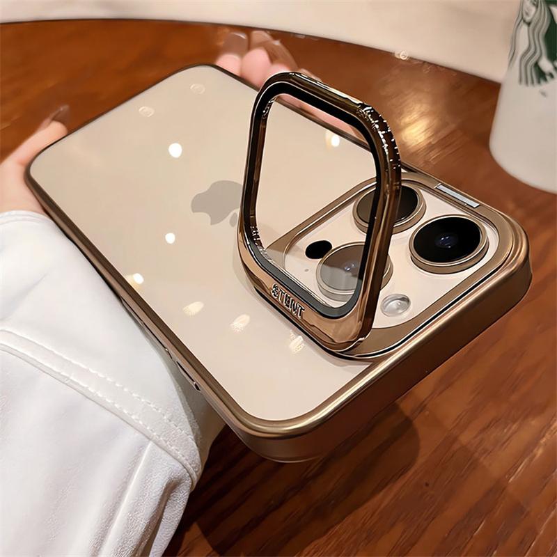 Fold Glass Lens Stand Holder Clear Case For 17 16 15 14 13 12 Pro Max Plus Plating Camera Protection Shockproof Cover