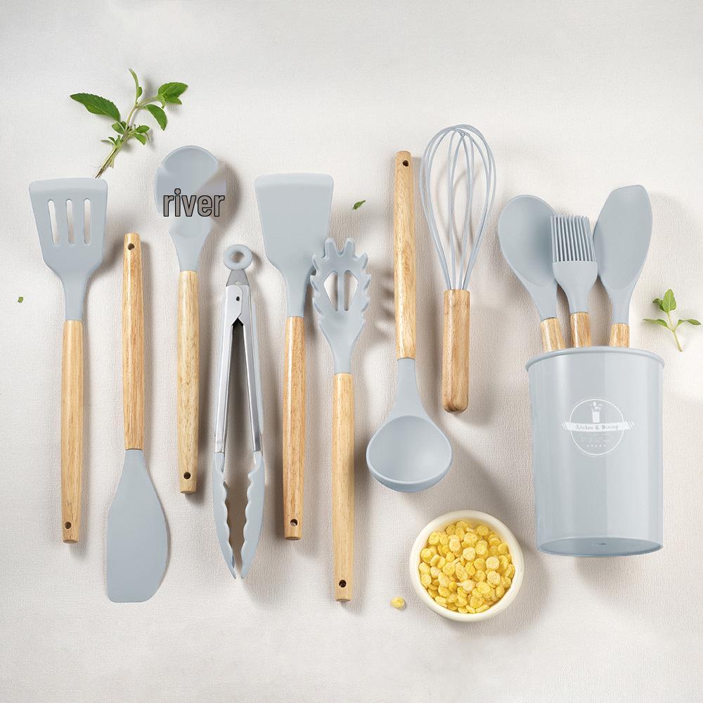 11-Piece Silicone Kitchen Utensil Set with Wooden Handles - Black & Khaki Storage Bucket Included