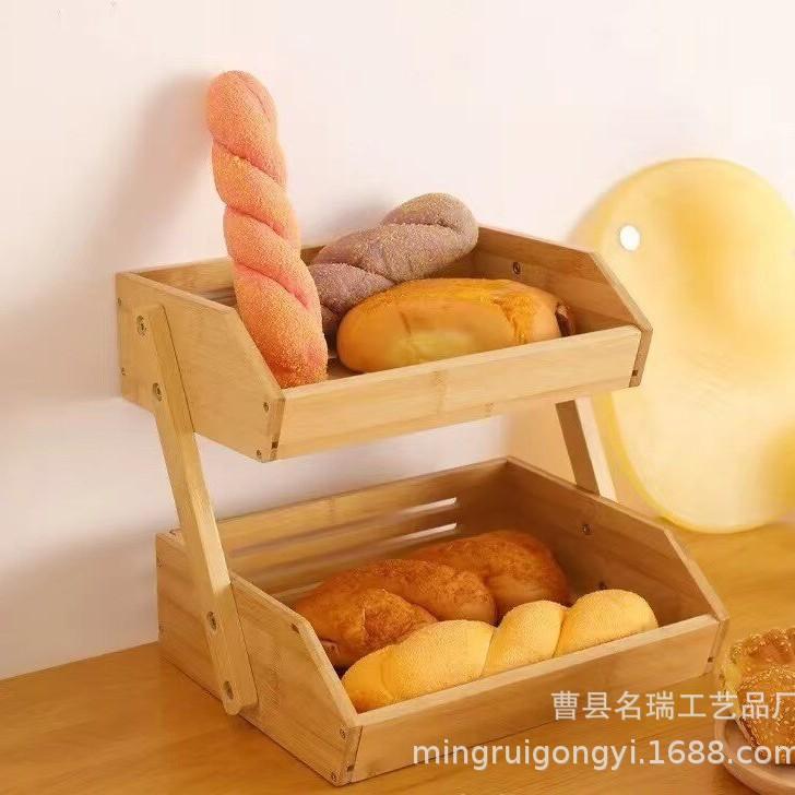Bamboo Two-Tier Fruit & Bread Storage Basket for Kitchen Countertops Two-tier storage rack