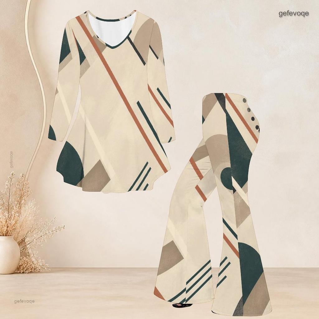 Women Plus Size Two Piece Set Round Neck Three Quarter Sleeve Abstract Printed Flared Top And Flared Pants