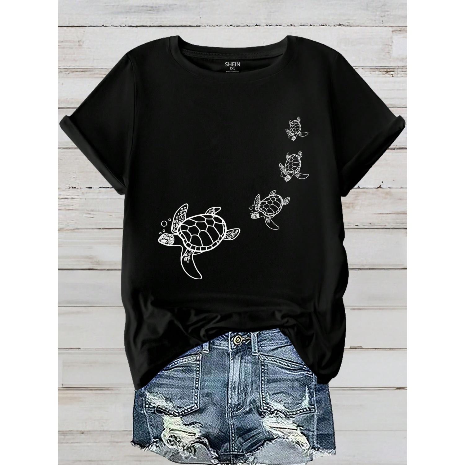 SHEIN LUNE Plus Size Turtle Printed Short Sleeve Round Neck T-Shirt Graphic Tees Women Tops S чёрный