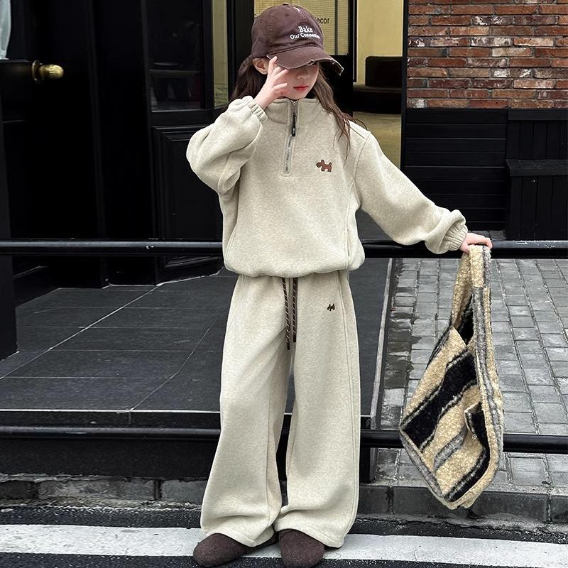 Autumn Teenager Cloth Children Set Loose Dog Turtleneck Sweatshirt Hooded + Wide Leg Pant Suit Tracksuit 4 8 10 12 14 Year