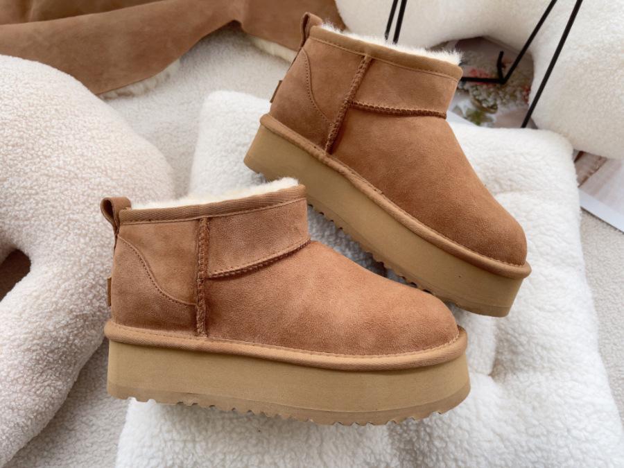 Dames Echte Schapenvacht Platform Sneeuwschoenen 4cm Hoogteverhoging Instappers Enkellaarsjes Warme Winterschoenen voor Dames 40 bruin