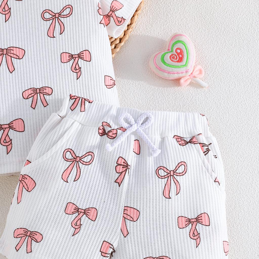 Girls' Short-sleeved Top + Shorts Set Bow Print Summer Fashion Two-piece Set