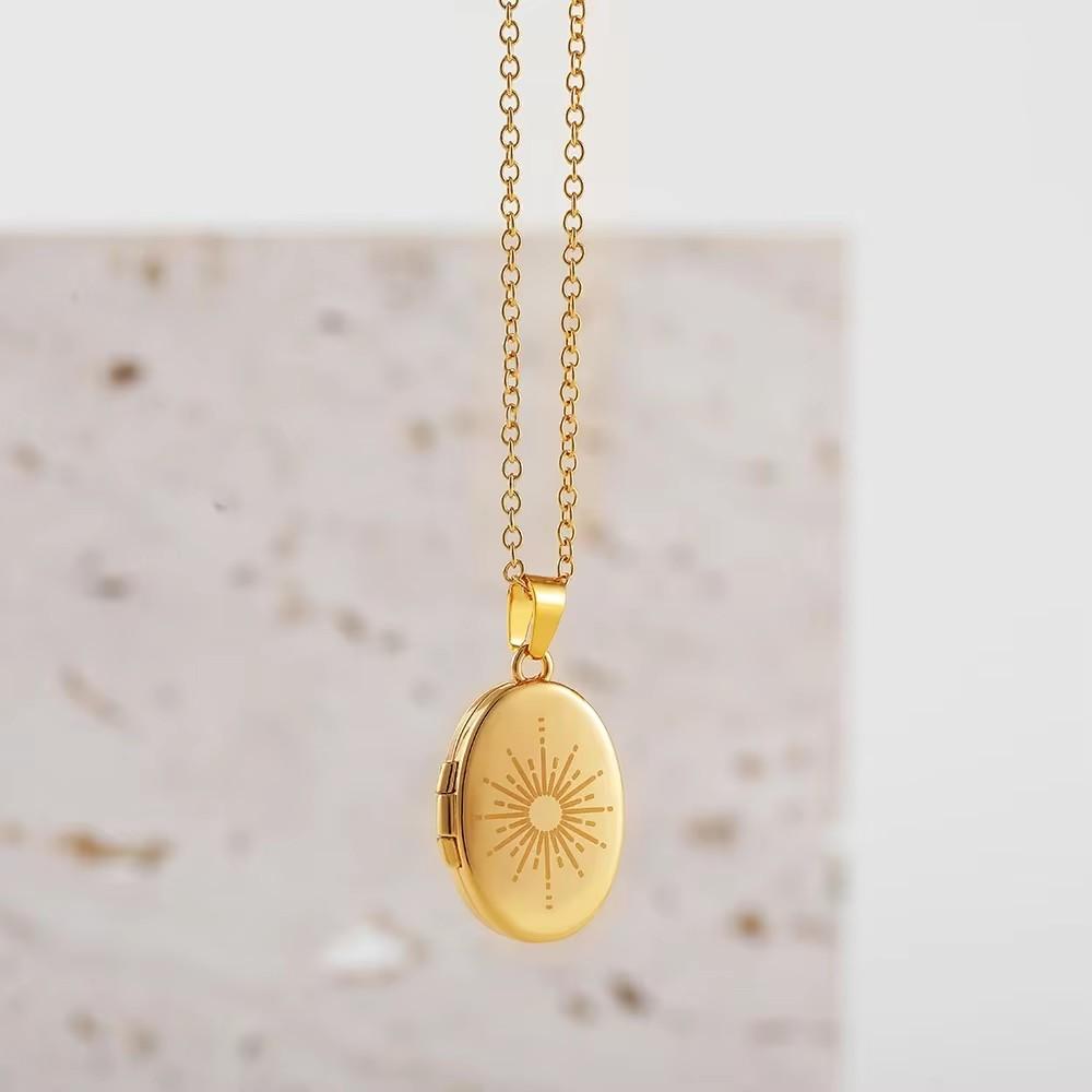 

Gold Color Elliptic Sun Moon Eye Pendant Necklace Stainless Steel Geometric Opening Closing Photo Box Choker Trendy Jewelry