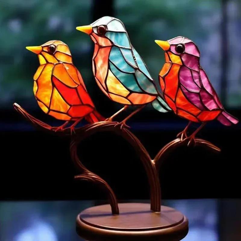 2/3/5bird Desktop Stained Acrylic Birds Branch Desktop Ornaments Double Sided Multicolor Craft Statue Ornaments Decoration New