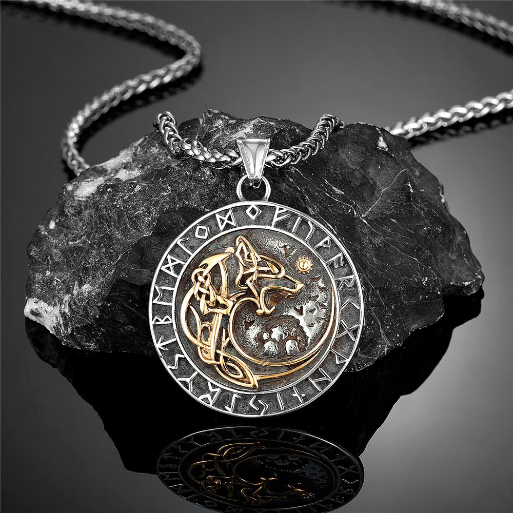 Norse Mythology Odin s Wolf Necklaces Men Stainless Steel Viking Runes Vegvisir Amulet Pendant Scandinavian Vintage Male Jewelry 60CM