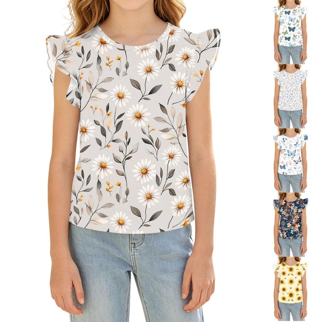 Girls' Short Sleeve Floral Print Ruffle T-Shirt - Casual Round Neck Top for Spring and Summer