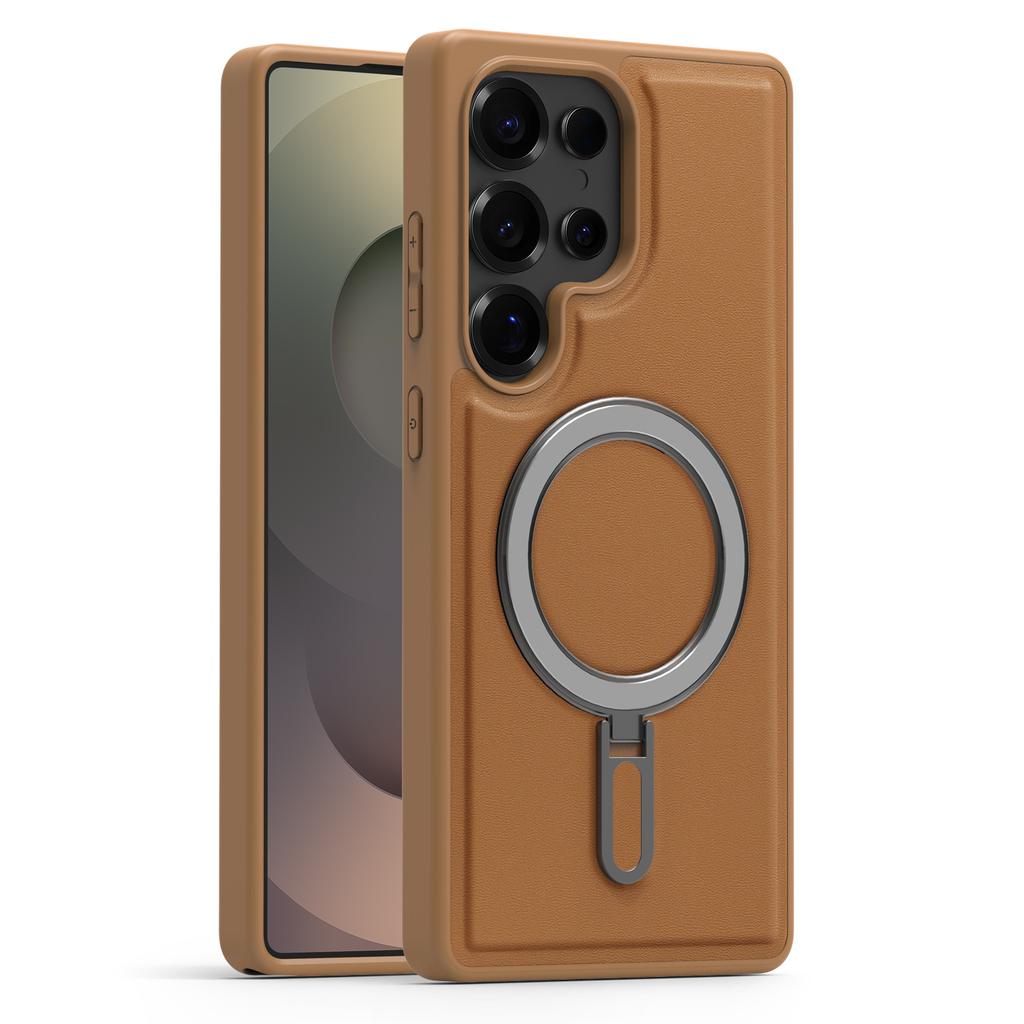 Magsafe Magnetic Metal Car Bracket Ring Luxury Matte Leather Phone Case For Samsung S22 S23 S24 S25 Ultra S24 Plus S25 FE Back Cover