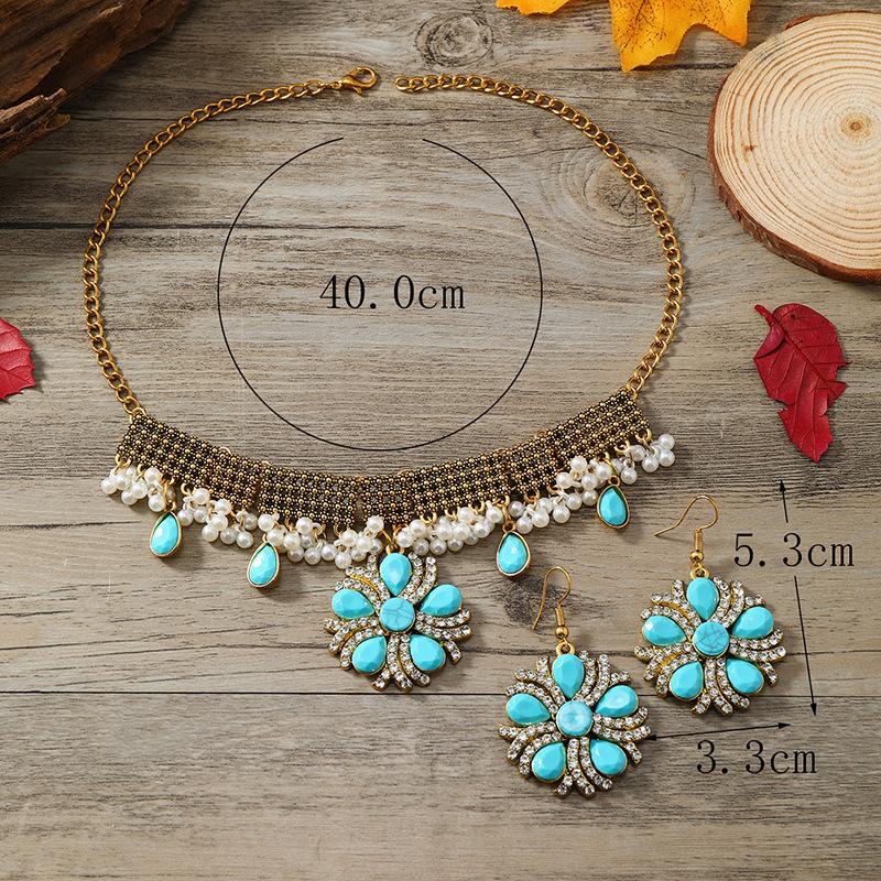 Meier Blue gemstone flower necklace & full diamond earring set - exquisite jewelry