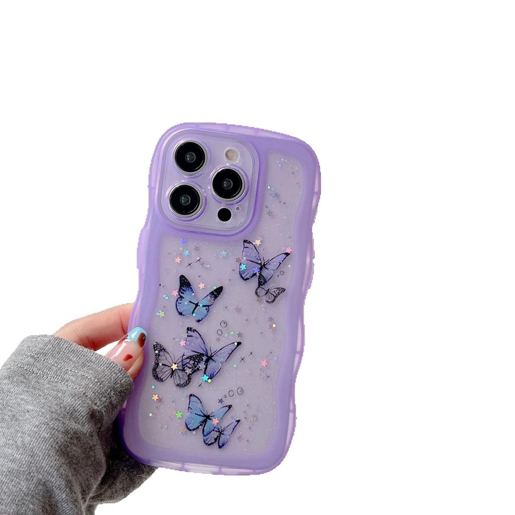 For IPhone 16E Drop Glue Wave Phone Case for Apple 15promax Butterfly Sparkling Powder 14 Transparent Case