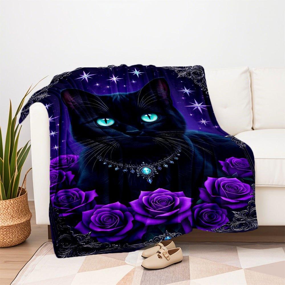 "Enchanted Black Cat with Stars and Roses Wall Art Print"Blanket Flannel Throw Blanket for Sofa, Bed, Travel, Camping, Office
