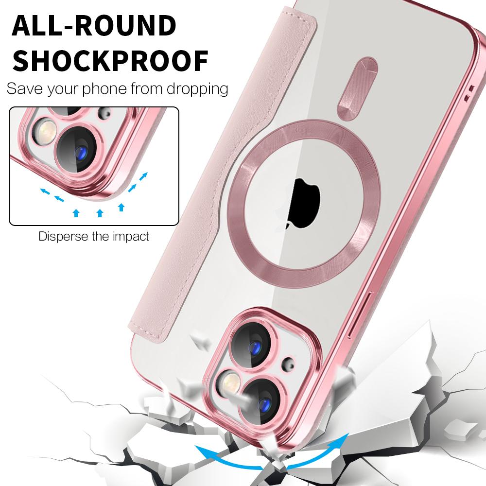 For iPhone 15 Plus Built-in Lens Film Phone Case RFID Blocking Card Slots Leather Cover Compatible with MagSafe