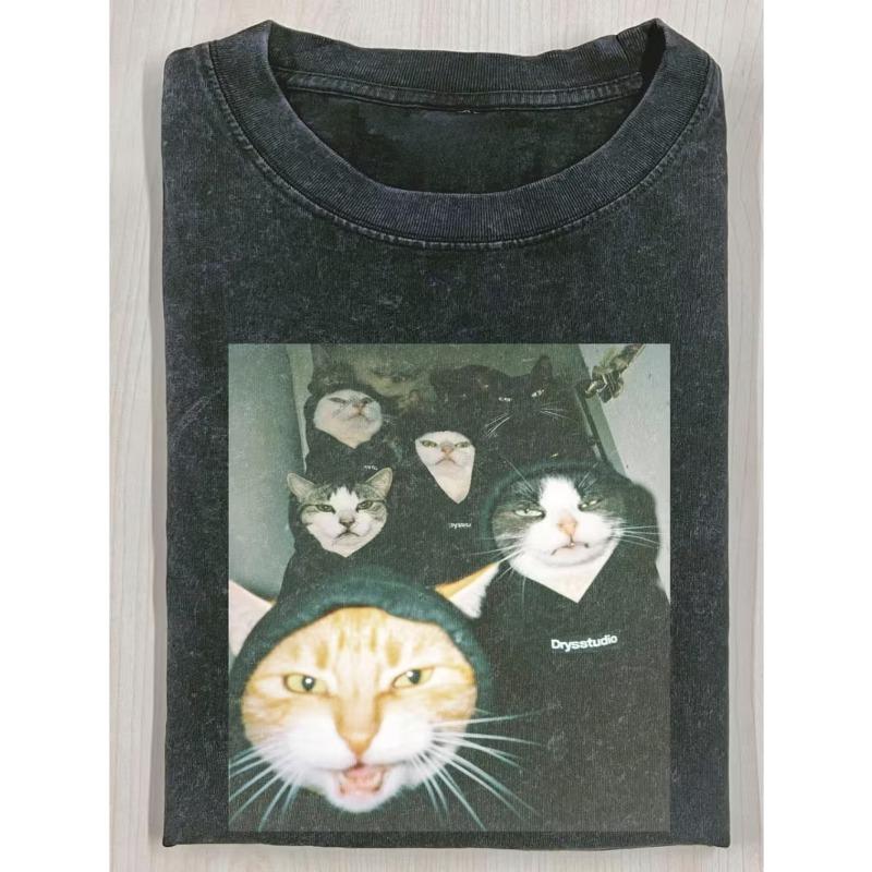

European sizes Men S Funny Washed Cool Cat Gang Design T-Shirt Short Sleeve Men Family T-Shirt Funny Gift T-Shirt Regular Fit Comfortable S чёрный