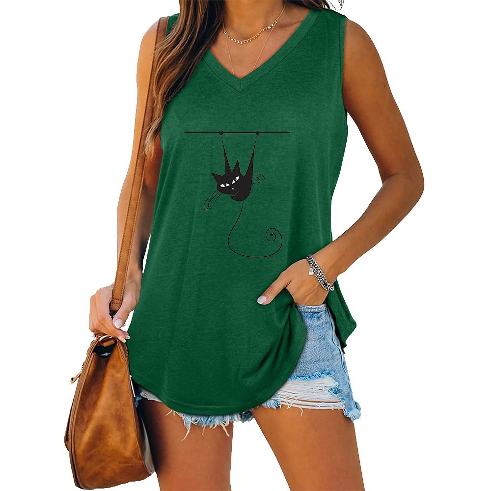 Women Fashion V-neck Sleeveless T-shirt Women Casual Cat Printed Tank Top