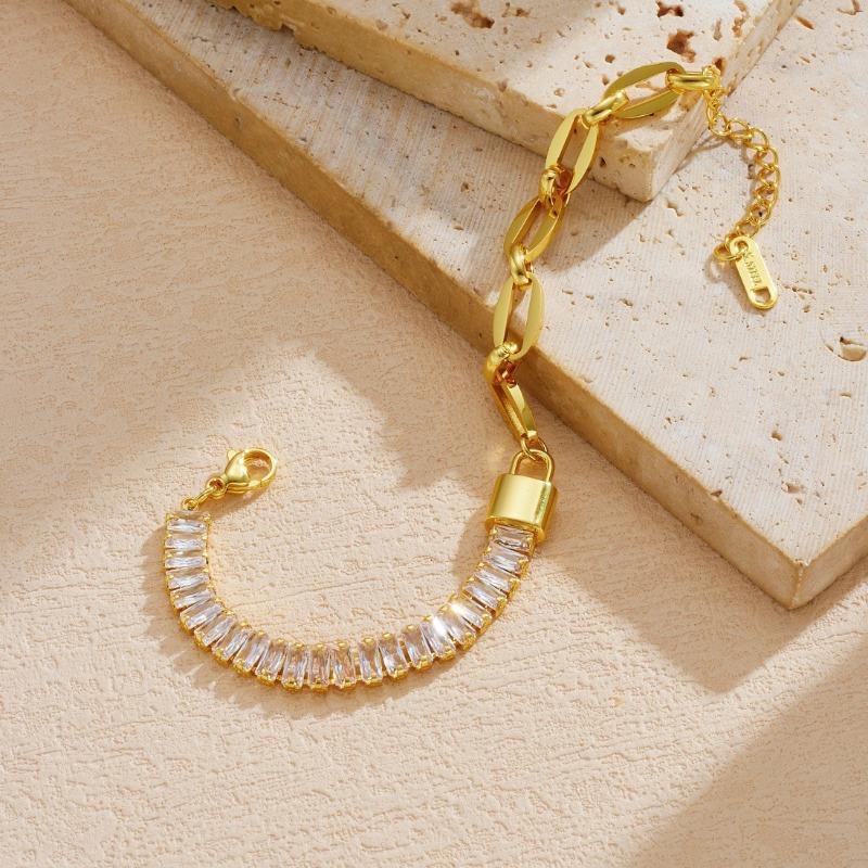 18K Gold Plated Padlock Baguette CZ Link Bracelet, Dainty Paperclip Chain Charm Bracelet for Women, Trendy Jewelry
