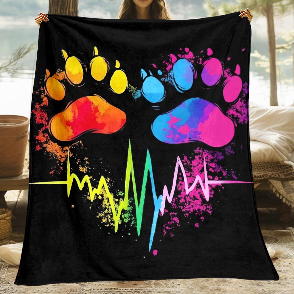 

1pc Rainbow Paw Print Heartbeat Fleece Blanket Pet Lover Design Colorful Animal Footprint Throw Cover Gift for Dog Cat Owners 75x100cm (30x40inch)