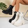 Side Zip Block Heel Booties Fashion Round Toe Lace-Up Front Platform Non-Slip High Heel Shoes for Women