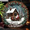 Panneau Joyeux Noël Plat en Aluminium 2D avec Motif Père Noël & Maison - Ornements Figurines Hivernales Chaudes - Idéal pour Porte d'Entrée, Mur, Porche, Fenêtre