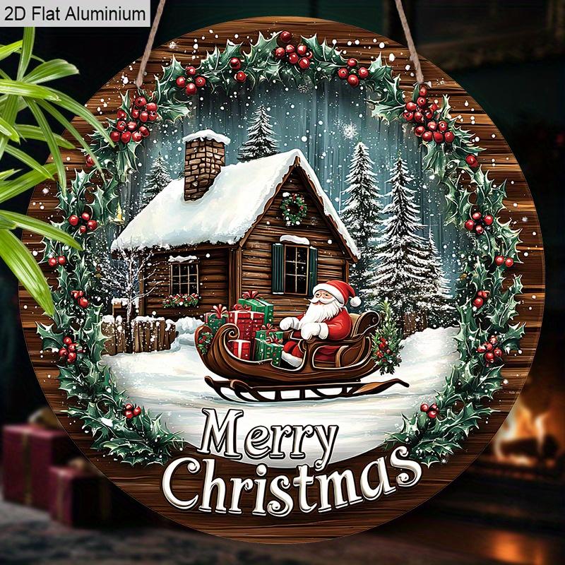 Panneau Joyeux Noël Plat en Aluminium 2D avec Motif Père Noël & Maison - Ornements Figurines Hivernales Chaudes - Idéal pour Porte d'Entrée, Mur, Porche, Fenêtre
