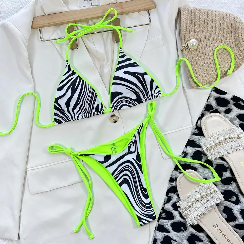 Bikini Sexy a Stampa Zebra Donna 2 Pezzi Triangolo Borsa Costume da Bagno Fascia Fluorescente Schiena Scoperta Costume da Bagno Vita Bassa Costumi da Bagno 2026
