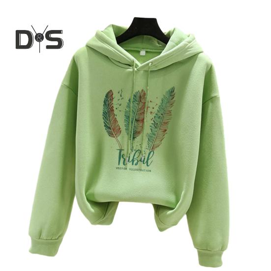 Fall Winter Hoodie Feather Print Long Sleeve Thick Loose Soft Drawstring Hooded Unisex Keep Warm Casual Elastic Cuff Women Men Hoodie
