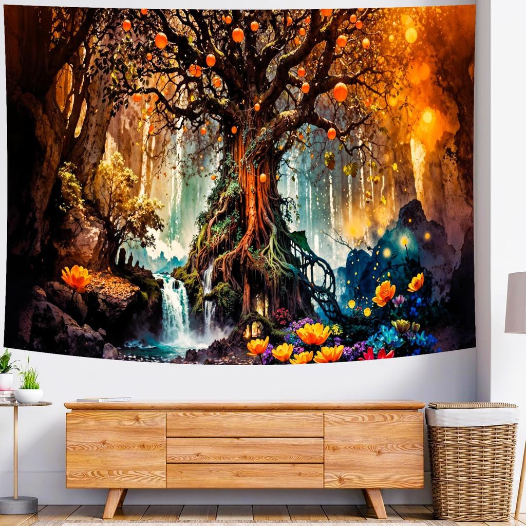Delur Magical Forest Tapestry Fantasy Tree of Life Fairy Tale Enchanted Mystical Forest Tapestry Psychedelic Nature Landscape Wall Hanging Headboard