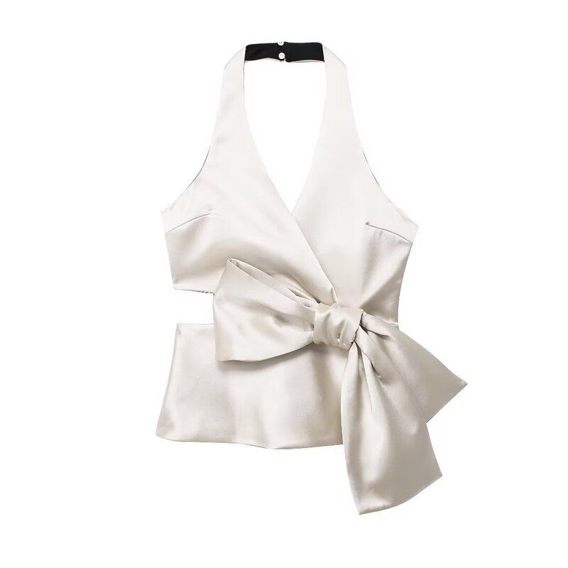 Fashion Style 2024 Summer New Arrival Women's Stylish Easiest for Match Bowknot Decoration Silk Satin Texture Tops 3506399