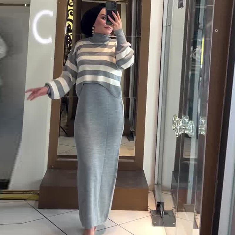 2024 Autumn Women's Fashion Color Block Short Top & Slim Fit Dress Set