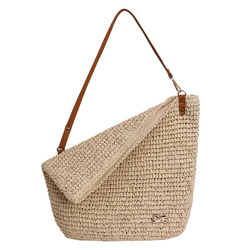 

Summer Fashi Straw Woven Tote Bag for Women Large Capacity Youth Beach Handbag Leather Strap Casual Vacati Shoulder Bag бежевый