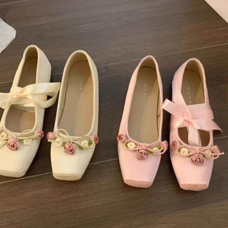 Fashion Women Flats Bow Marie Janes Shoes  New Lolita Dress Square Toe Shoes Designer Walking Sandals Female Elegant Zapatos