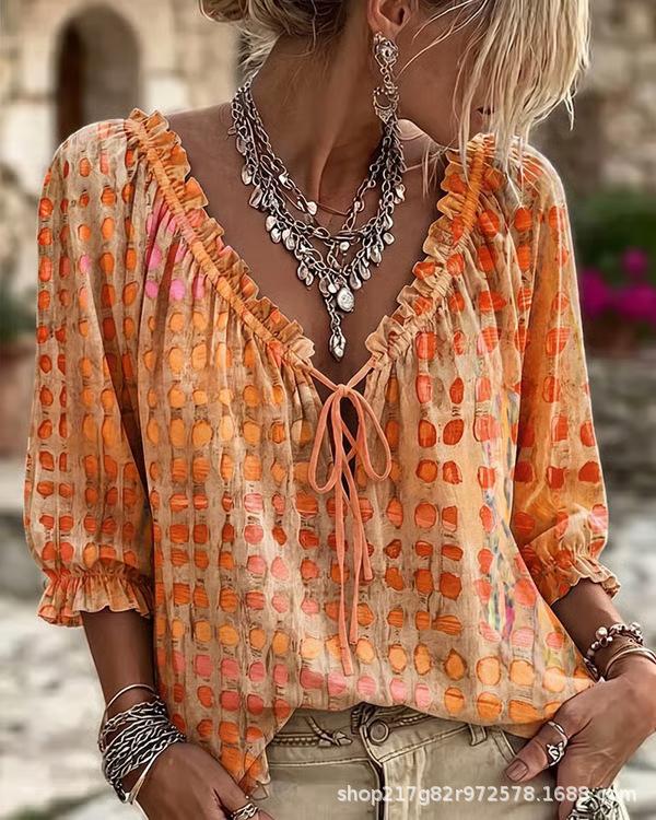 Summer V-neck T-shirt printed streamer loose casual fashion top seven-quarter sleeve summer short sleeve top