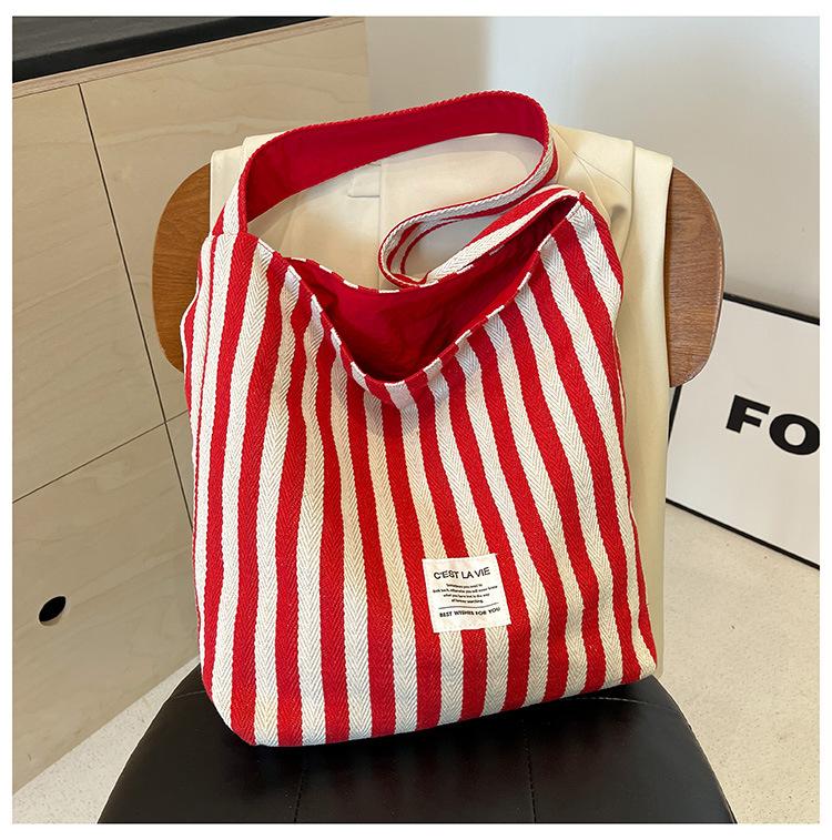 Simple Bag, Commuter Shoulder Bag, Large Capacity, High Value, Positive and Negative Dual-purpose Striped Canvas Bag