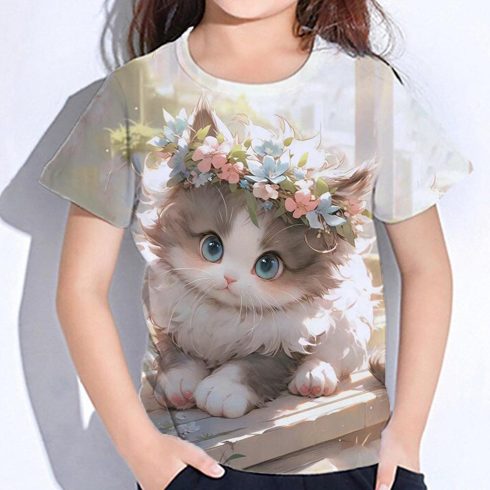 Girl Clothes Cute Cat Print T Shirt Short Sleeve Girl T-Shirt Summer Kids Clothes Crew Neck Tee Top Shirts Fashion Child T Shirt