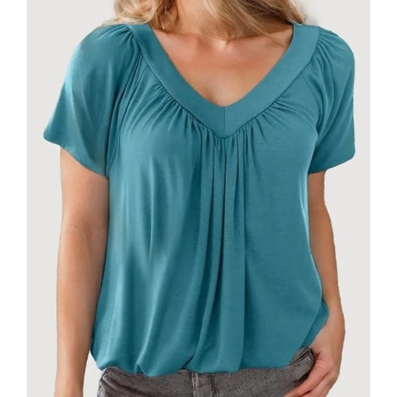 Dámské Módní Ležérní Letní Jarní Jednobarevné Potisk Krátký Rukáv V-Výstřih Blůzy Košile