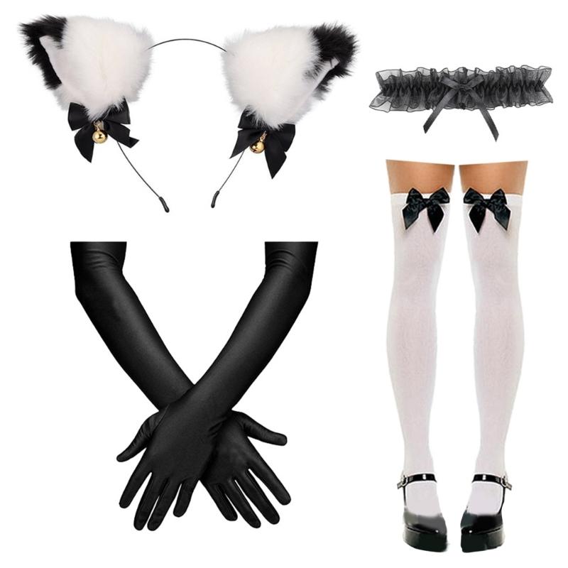 Catgirl Costume Accessories Cats Ear Headband Lace Collar Necklace Gloves and Knee High Sock for Women Girl Cosplay