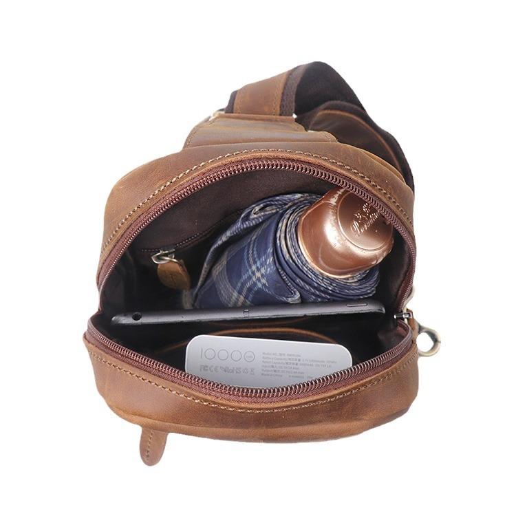 Men'S Vintage Leather Breast Bag Women'S Crazy Horse Leather Crossbody Bag Large Capacity Cowhide Shoulder Bag