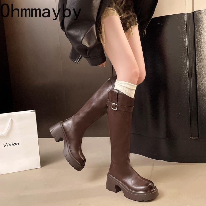 Winter Height Increase Knight High Women Boots Platform Thick Heels Shoes Female Belt Buckle Long Booties  De Muje