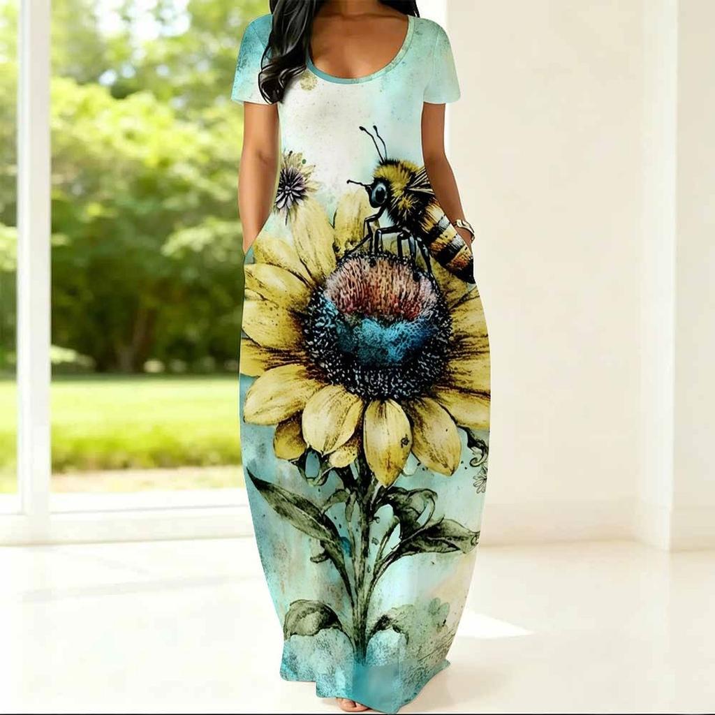 Plus Size Round Neck Short Sleeve Tunic Airy Dress For Summer Outdoor Stroll