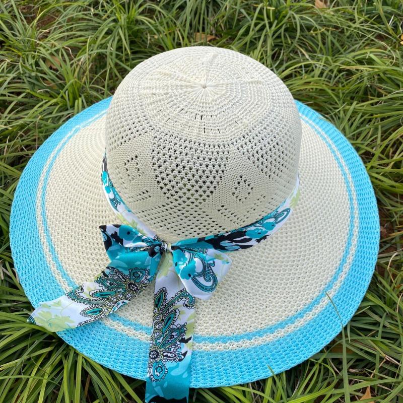 Mesh Vacation Bow Ribbon Straw Hat Ladies Color Sunscreen Breathable Big Brim Sweet Sun Hat